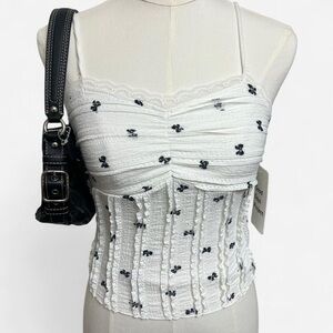 NWT white with black bows cami tank top ruffles girly summer cottage spring cute